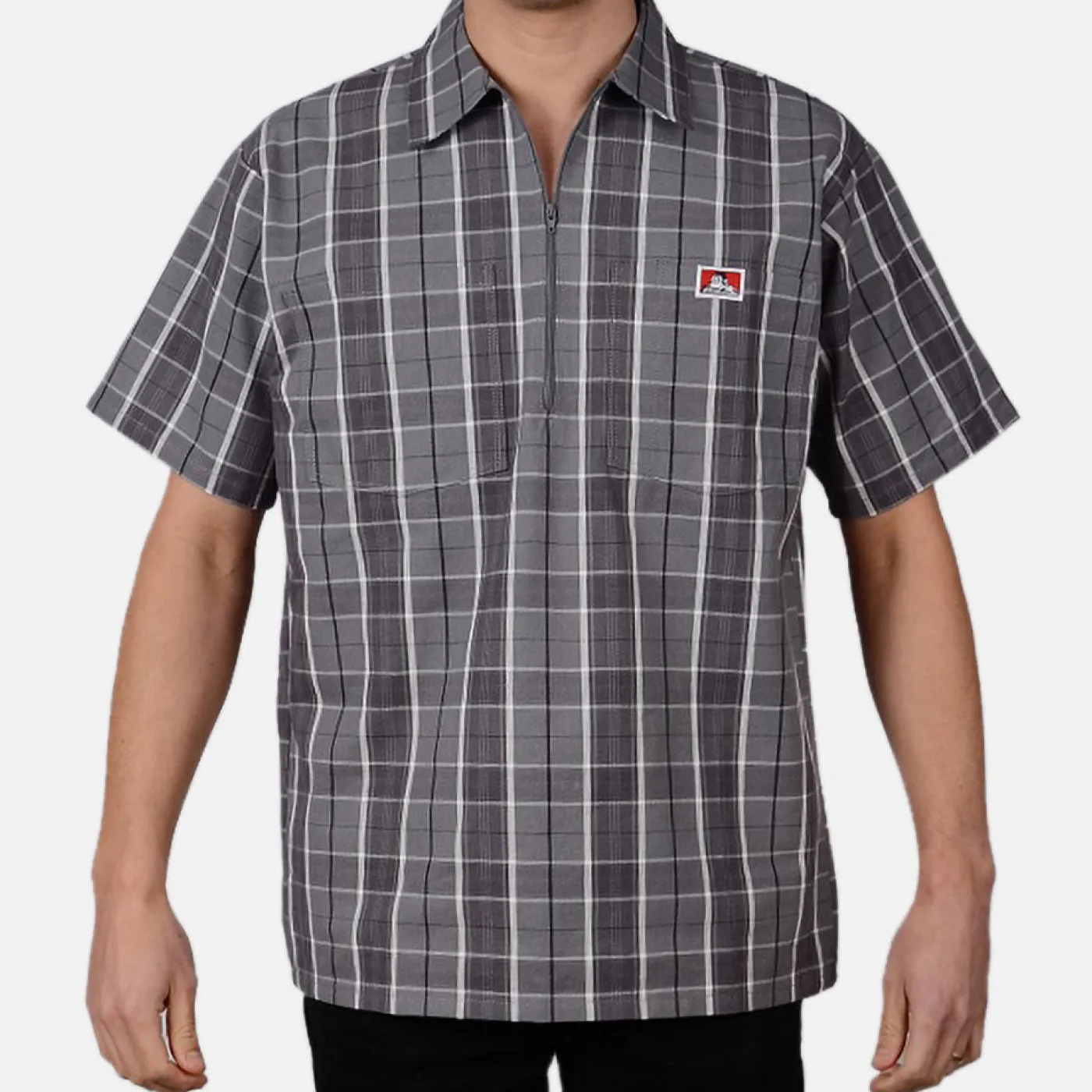 Clearance Ben Davis Short Sleeve Plaid 1/2 Zip Shirt - Grey/Black