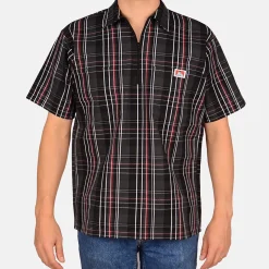 Store Ben Davis Short Sleeve Plaid 1/2 Zip Shirt - Black/Red