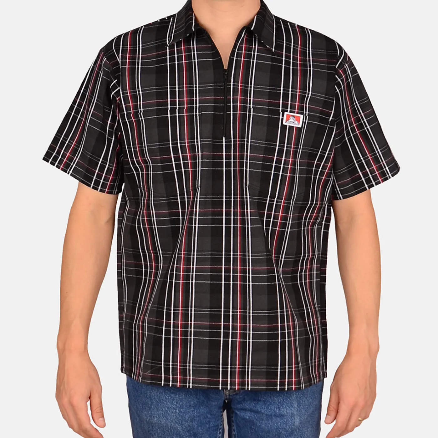 Store Ben Davis Short Sleeve Plaid 1/2 Zip Shirt - Black/Red
