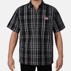 Clearance Ben Davis Short Sleeve Plaid 1/2 Zip Shirt - Black/White