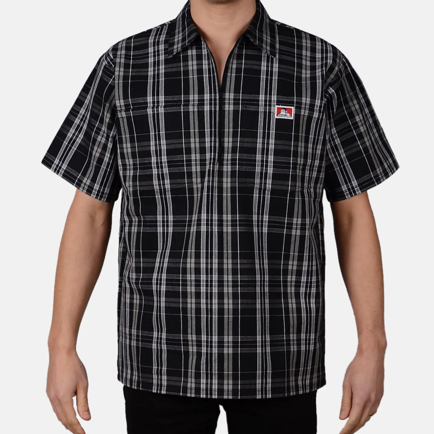 Clearance Ben Davis Short Sleeve Plaid 1/2 Zip Shirt - Black/White