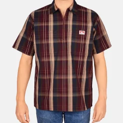 Discount Ben Davis Short Sleeve Plaid 1/2 Zip Shirt - Burgundy