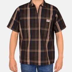 Cheap Ben Davis Short Sleeve Plaid 1/2 Zip Shirt - Brown