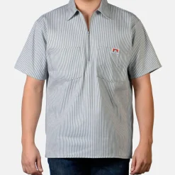 New Ben Davis Short Sleeve Striped 1/2 Zip Shirt - Grey